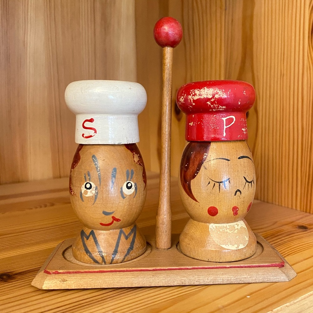 Antique wooden anthropomorphic salt and pepper shakers with stand made in Japan